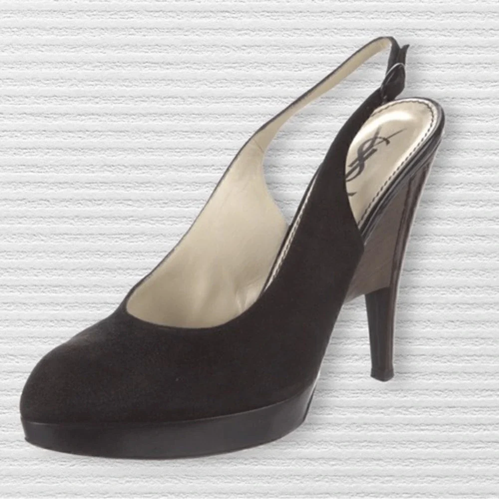 YSL Suede Slingback Close Toe High Heel Black Clogs Shoes - Picture 1 of 6